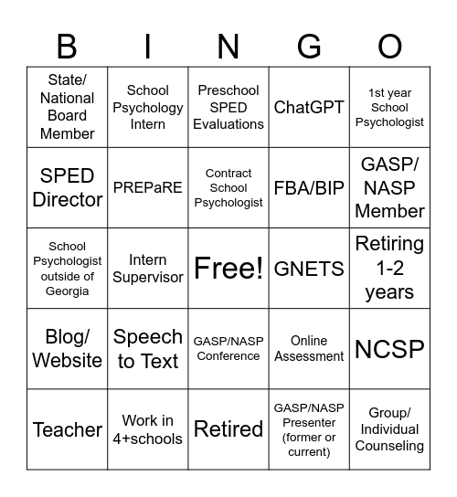 School Psychology Job-Alike Bingo Card