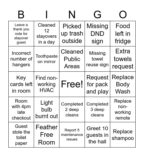 Housekeeping Week Bingo Card