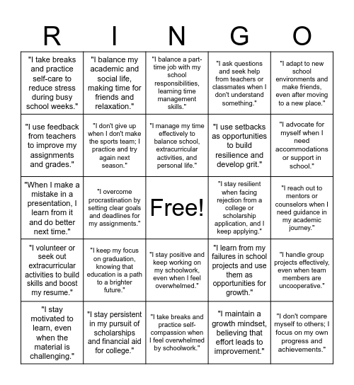 Resilience Ringo Bingo Card