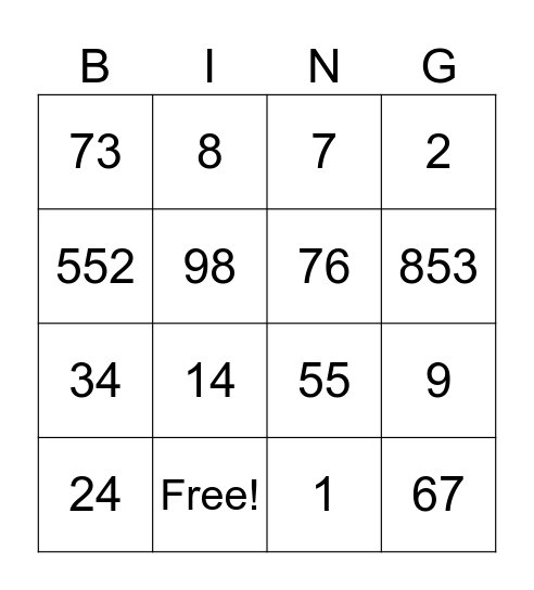 Numbers Bingo Card