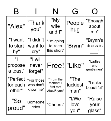 Wedding Speech Bingo Card