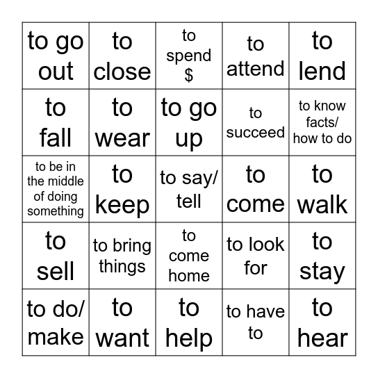 FR 11 VERB INFINITIVES Bingo Card