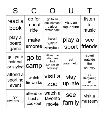 Welcome Back Girl Scouts! Bingo Card