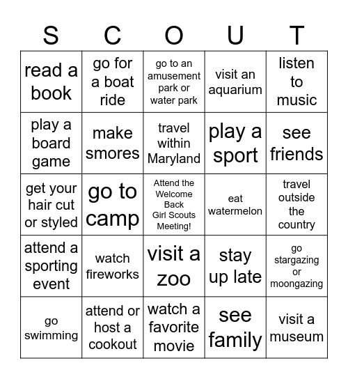 Welcome Back Girl Scouts! Bingo Card