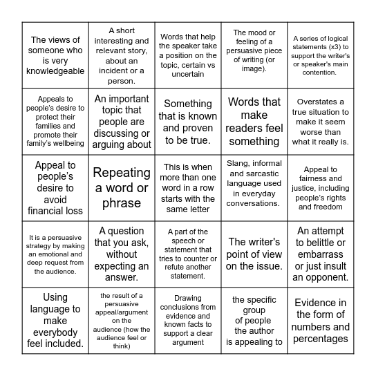 Presenting Persuasive Arguments Bingo Card