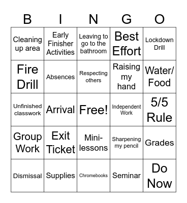 Classroom Expectations/Procedures BINGO Card