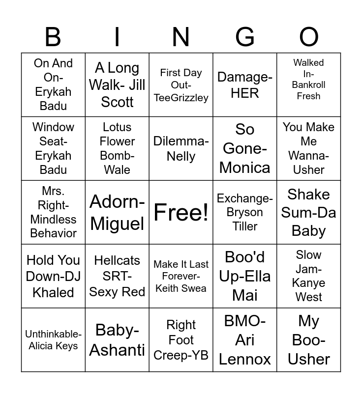 Trap And R&B Bingo 3.2 Bingo Card