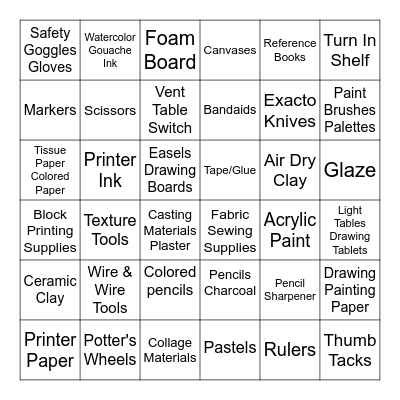 Art Supply Scavenger Hunt Bingo Card