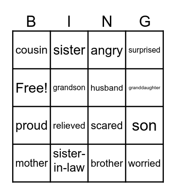 Family and feelings Bingo Card