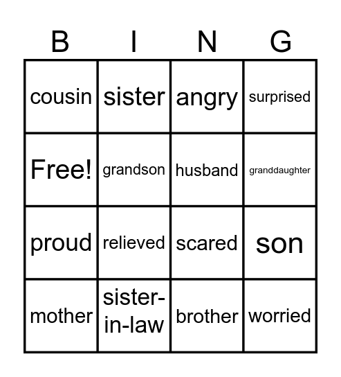 Family and feelings Bingo Card