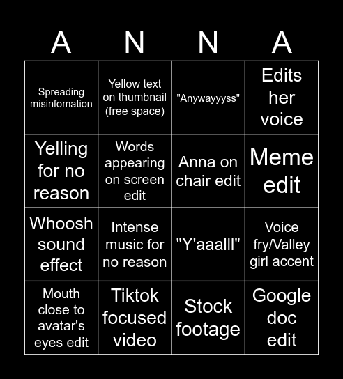 Anna Oop Bingo Card