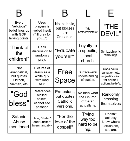 Facebook Bible Nut Bingo Card