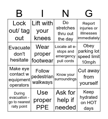 SAFETY Bingo Card