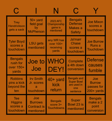 BENGALS BINGO Card