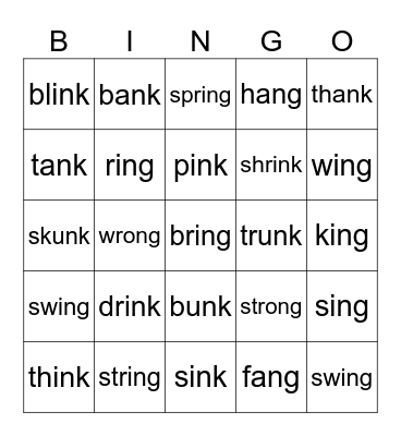 nk & ng Bingo Card