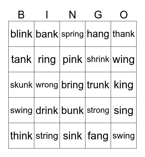 nk & ng Bingo Card