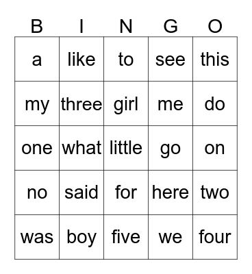 Kindergarten Sight Words Bingo Card
