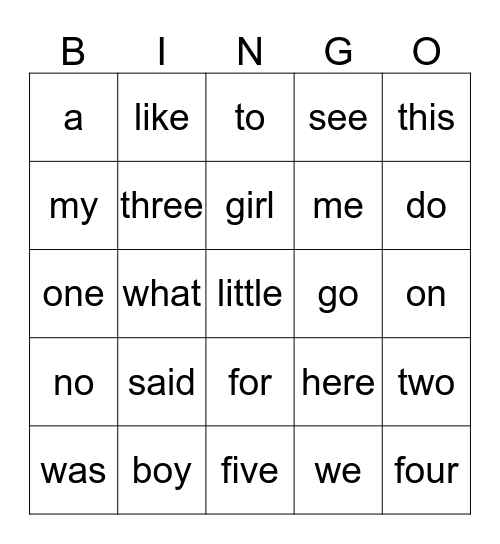 Kindergarten Sight Words Bingo Card