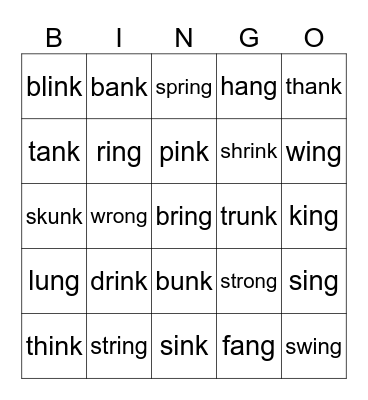 nk & ng Bingo Card