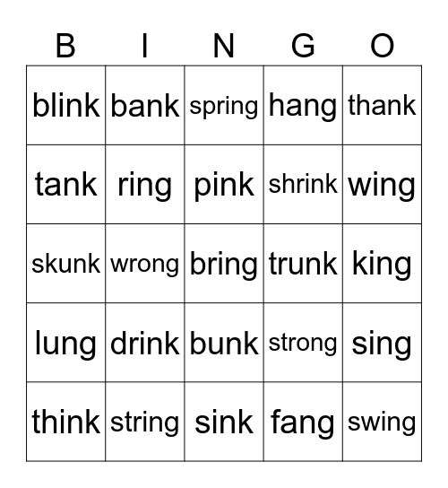 nk & ng Bingo Card