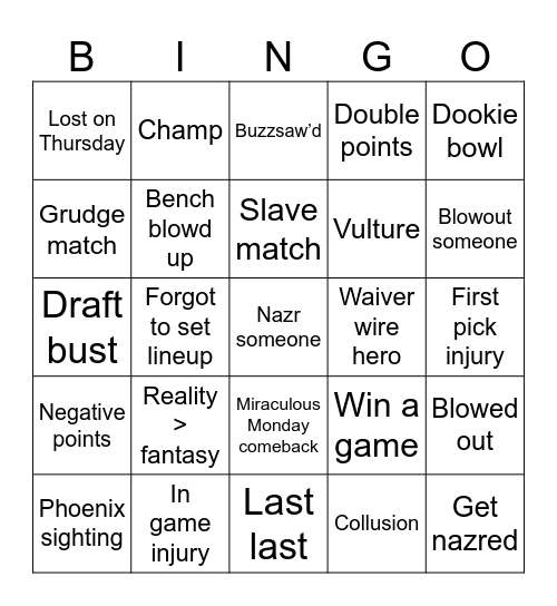 Fantasy football bingo Card