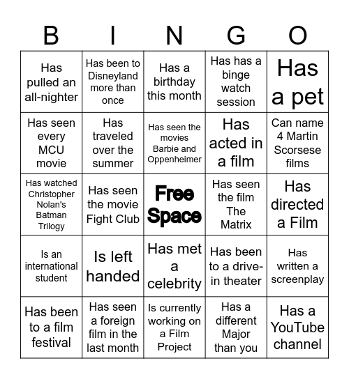 Film Club Bingo Card