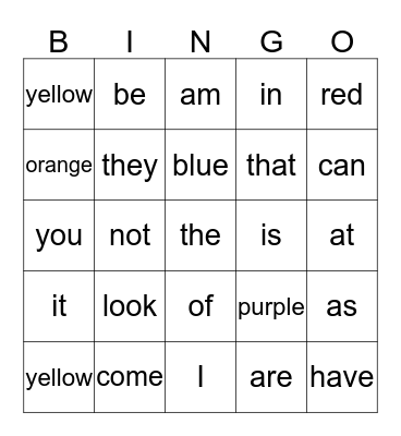 Kindergarten Sight Words Bingo Card