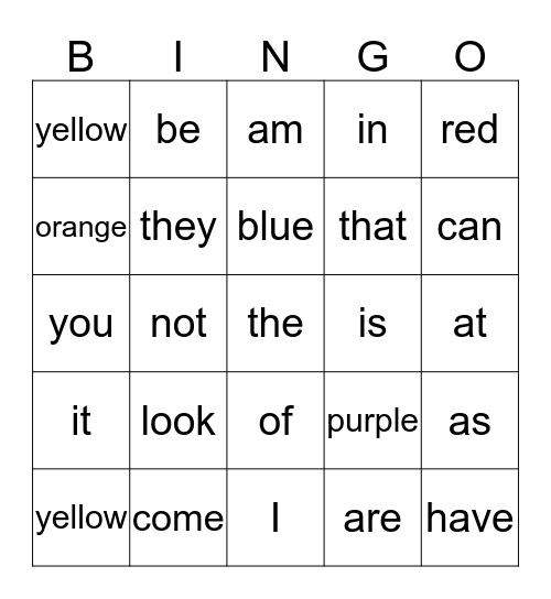 Kindergarten Sight Words Bingo Card