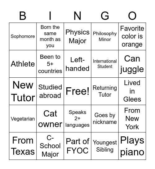 Tutor Bingo Card