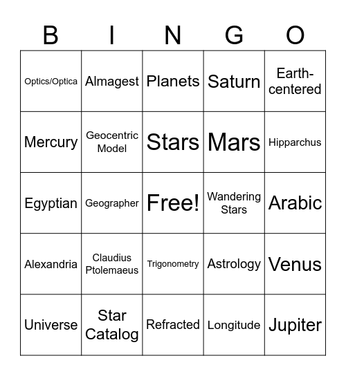 PTOLEMY LISTENING Bingo Card