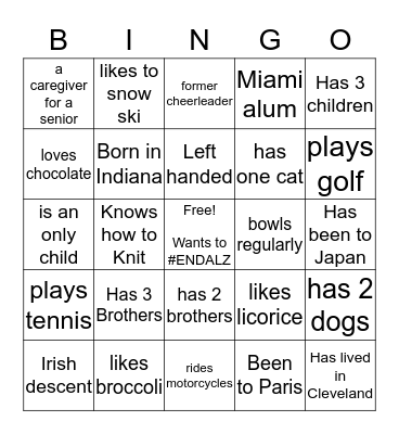 #ENDALZ Bingo Card