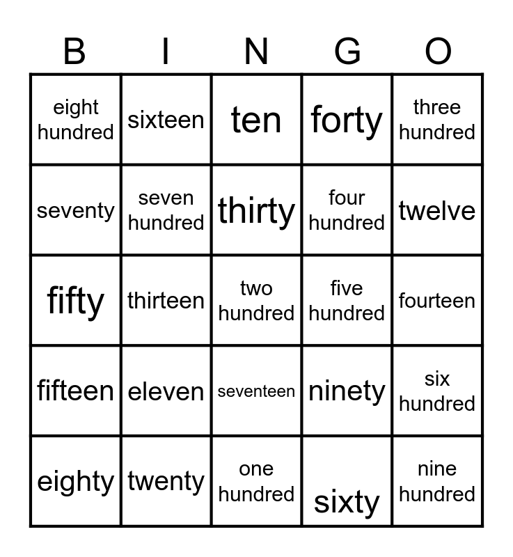 Grade 5 Numbers Bingo Card