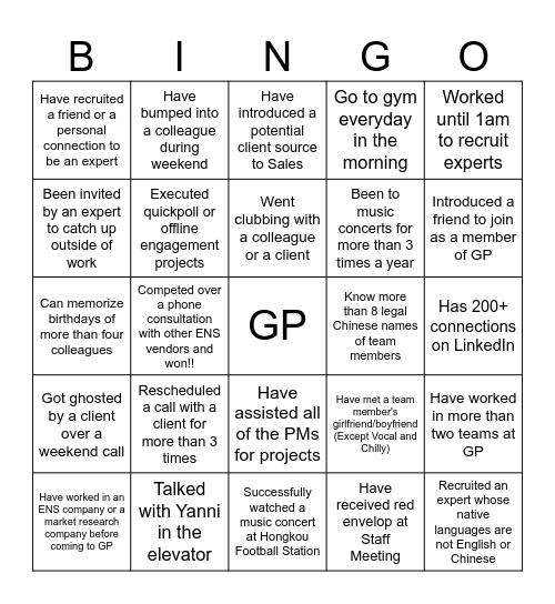 GP Insti Happy Hour Bingo ：） Bingo Card