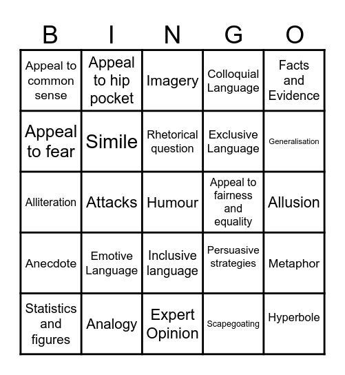 Persuasive Strategies Bingo Card