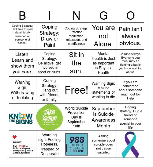 Suicide Awareness Bingo Card