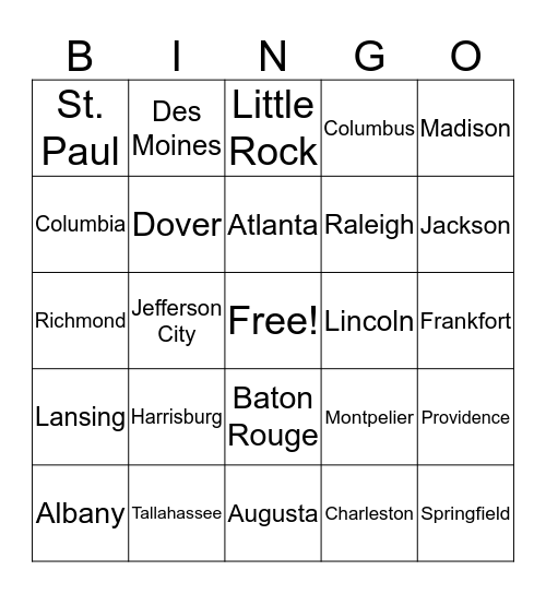 states & capitals Bingo Card