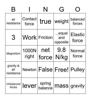 forces and motion Bingo Card