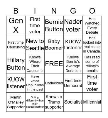Find People Around The Room Who Fit The Descriptions, Five in a Row Wins KUOW Swag!  Bingo Card