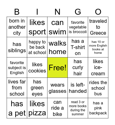 My classmate Bingo Card