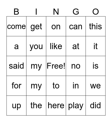 Sight words Bingo Card