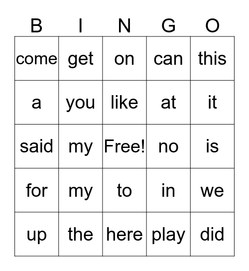 Sight words Bingo Card