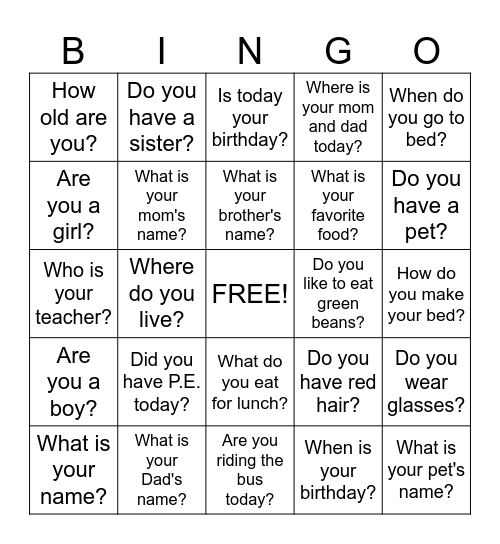 Wh Question Bingo  and Yes/No Bingo Card