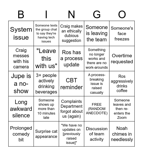 Non-Claims Bingo Card