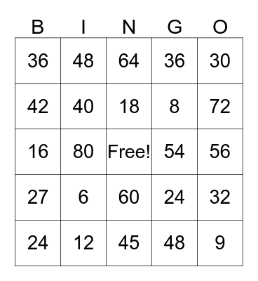 6's, 8's, & 9's Multiplication Bingo Card