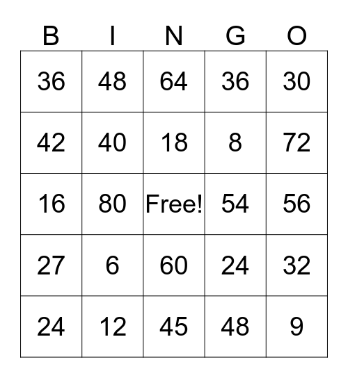 6's, 8's, & 9's Multiplication Bingo Card