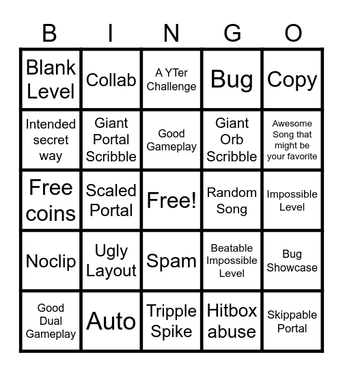 Recent Tab Bingo (Geometry Dash) Bingo Card