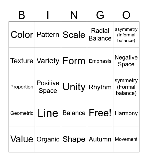 Elements and Principles of Art Bingo Card