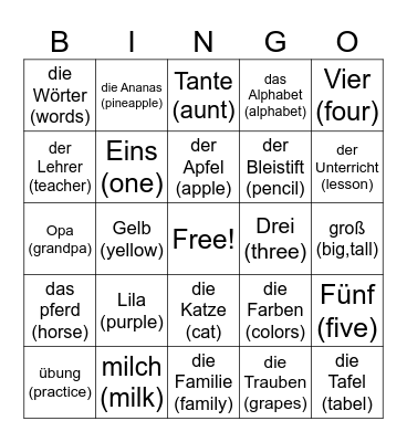 Intro to German Bingo Card