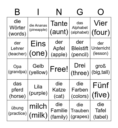 Intro to German Bingo Card