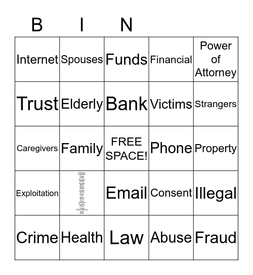 Financial Exploitation Bingo Card